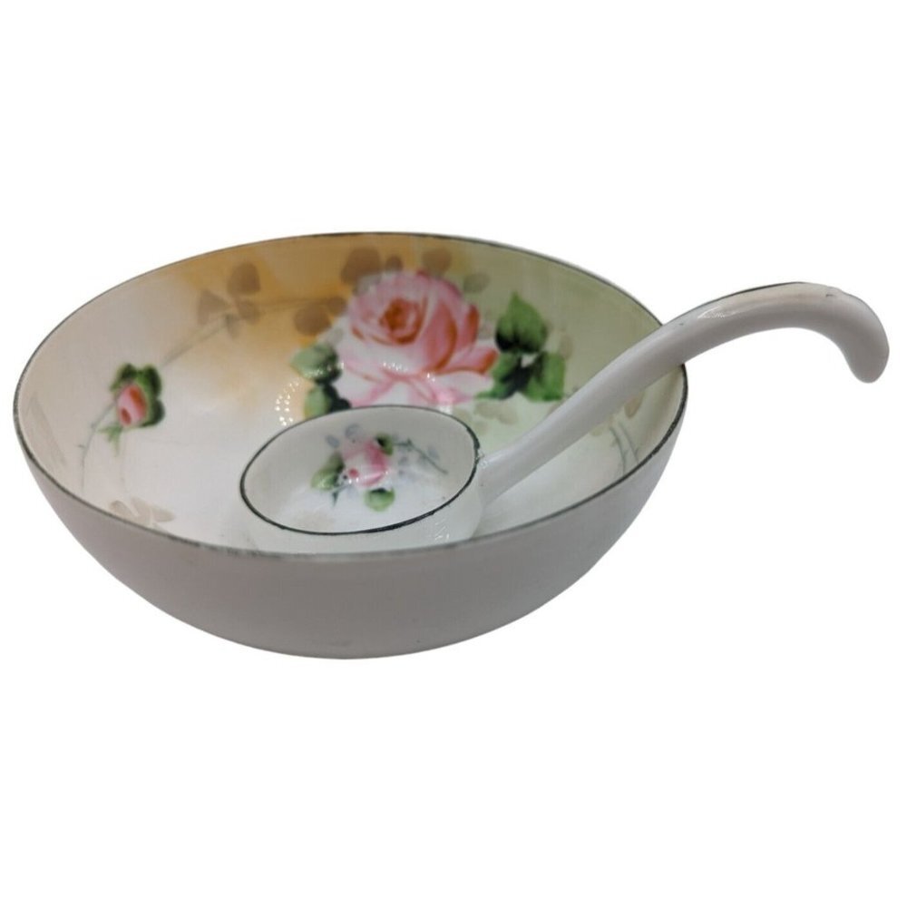 Antique Nippon Hand Painted Porcelain Footed Sauce Cream Bowl with Spoon Roses